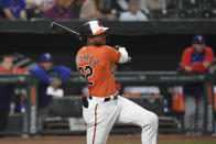 Baltimore Orioles' Kelvin Gutierrez watches his two-run home run hit against Texas Rangers starting pitcher Jordan Lyles during the seventh inning of a baseball game, Saturday, Sept. 25, 2021, in Baltimore. (AP Photo/Terrance Williams)