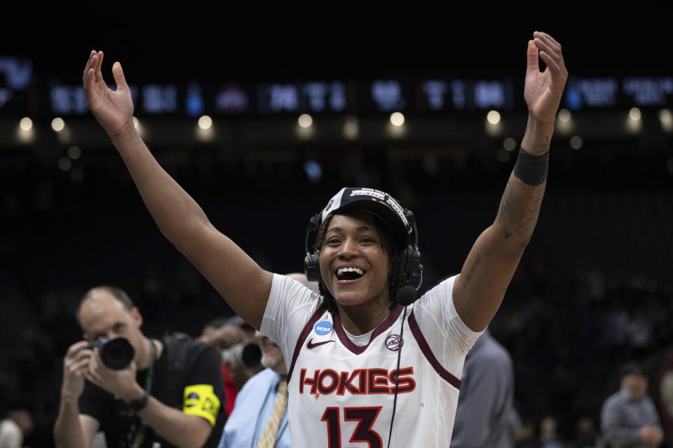 Virginia Tech forward Taylor Soule celebrates after an Elite 8 college basketball game against Ohio State in the NCAA Tournament, Monday, March 27, 2023, in Seattle. (AP Photo/Caean Couto)