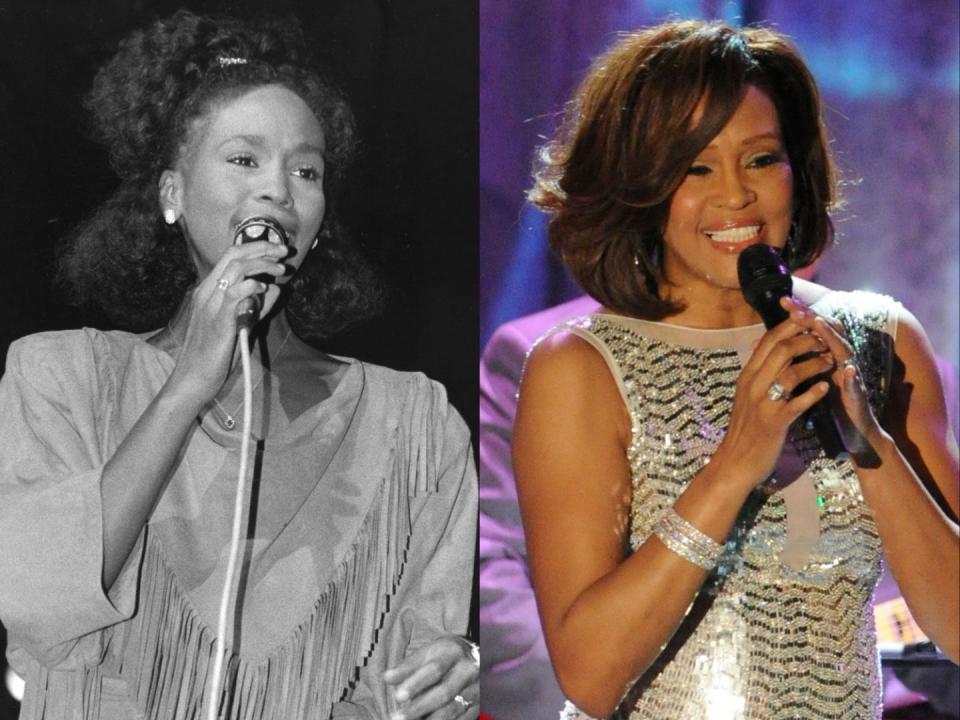 On the left, Whitney Houston performing in 1985. On the right, Houston performing in 2011.