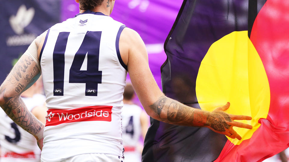 The Aboriginal flag, pictured here during a game in Indigenous Round in 2019.