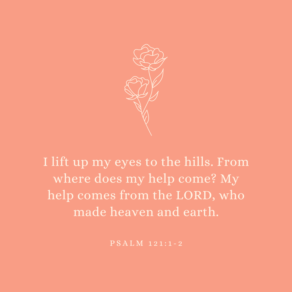 Psalm 121:1-2 I lift up my eyes to the hills. From where does my help come? My help comes from the LORD, who made heaven and earth.