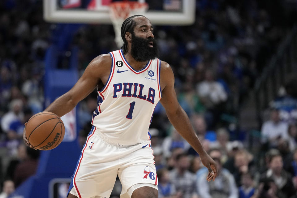 Philadelphia 76ers' James Harden (1) advances the ball against the Dallas Mavericks in the first half of an NBA basketball game, Thursday, March 2, 2023, in Dallas. (AP Photo/Tony Gutierrez)