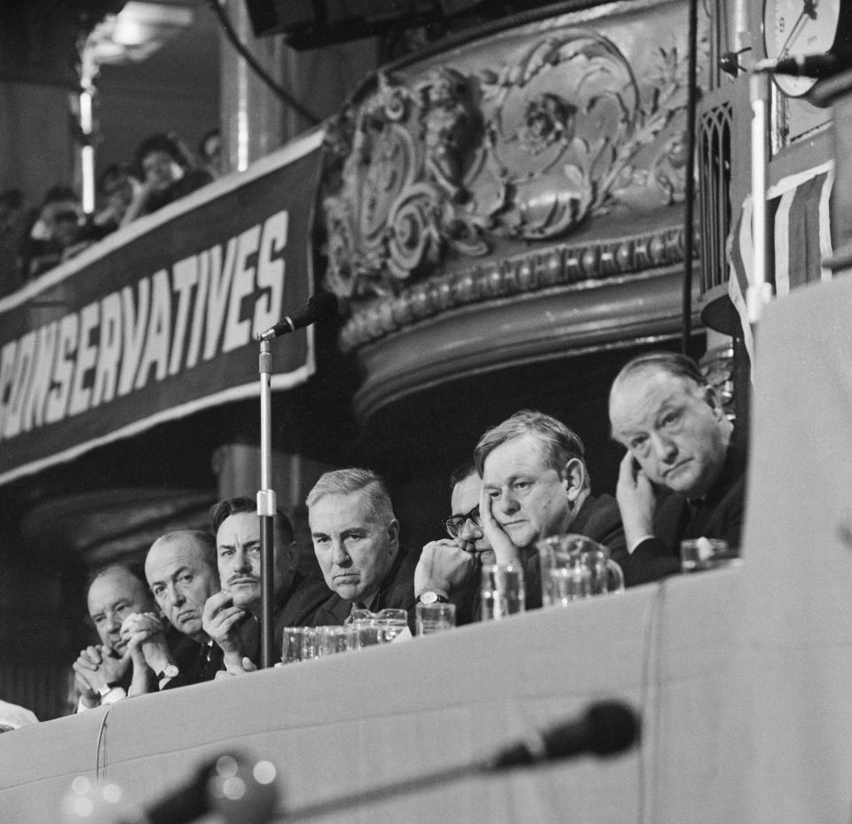 From left: Iain Macleod, Peter Thorneycroft, Enoch Powell, Peter Brooke’s father Henry Brooke, Reginald Maudling, Quintin Hogg and Rab Butler at the Conservative Party conference in Blackpool, October 1963 - Evening Standard/Hulton Archive/Getty Images