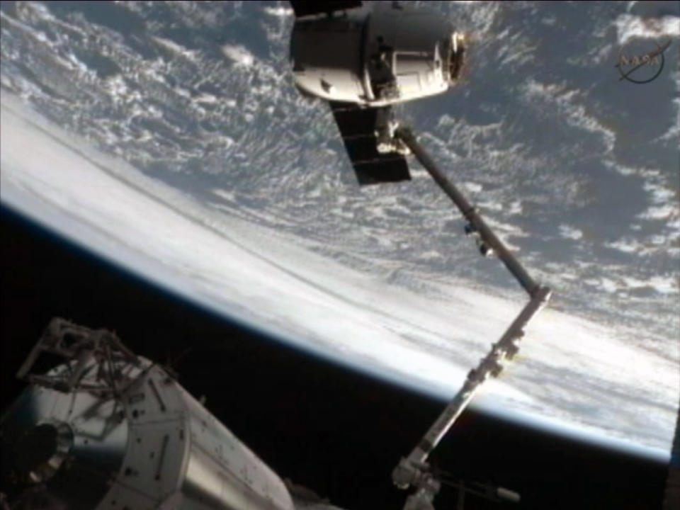 This framegrab image from NASA-TV shows the SpaceX Dragon capsule just after the capsule is released from the Canadarm2 at 5:49 a.m. EDT Thursday morning May 31, 2012. The Dragon capsule is scheduled for splashdown at 11:44 a.m. EDT Thursday in the Pacific Ocean. (AP Photo/NASA)