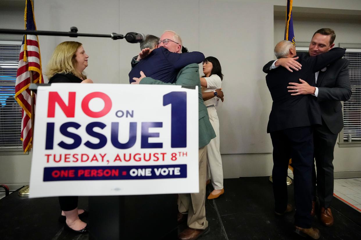 Aug 8, 2023; Columbus, Ohio, USA;  Organizers celebrate the defeat of Issue 1 during an election night party at the Columbus Fire Fighters Local 67. 