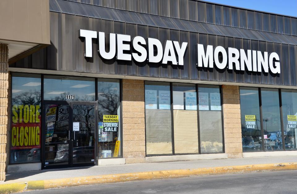 Signs advertising the store is closing and a storewide sale are seen Wednesday on the Tuesday Morning store in the South End Shopping Center on Maryland Avenue in Hagerstown. The store is one of more than 260 the company plans to close as part of its Chapter 11 bankruptcy protection.