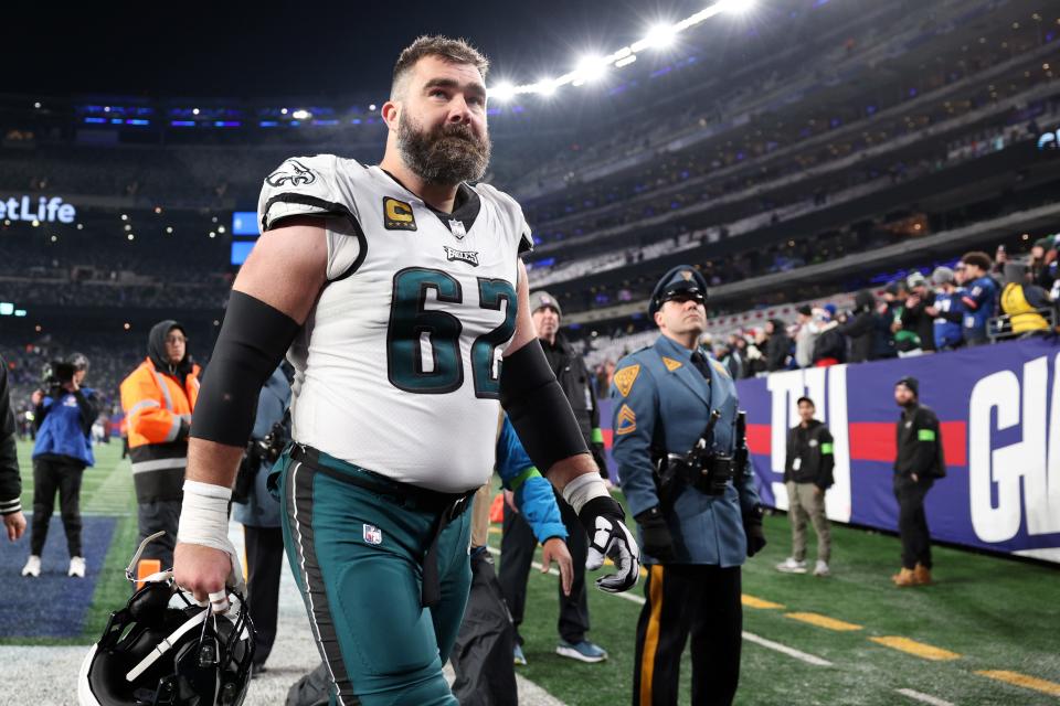 Jason Kelce #62 of the Philadelphia Eagles walks off the field after a loss to the New York Giants at MetLife Stadium on January 07, 2024 in East Rutherford, New Jersey.