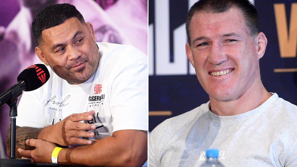 Mark Hunt is pictured here at a press event with Paul Gallen before their boxing bout.