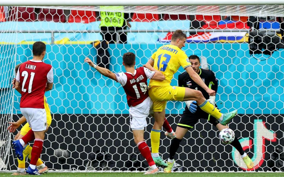 Austria's midfielder Christoph Baumgartner scores the only goal of the game - AFP via Getty