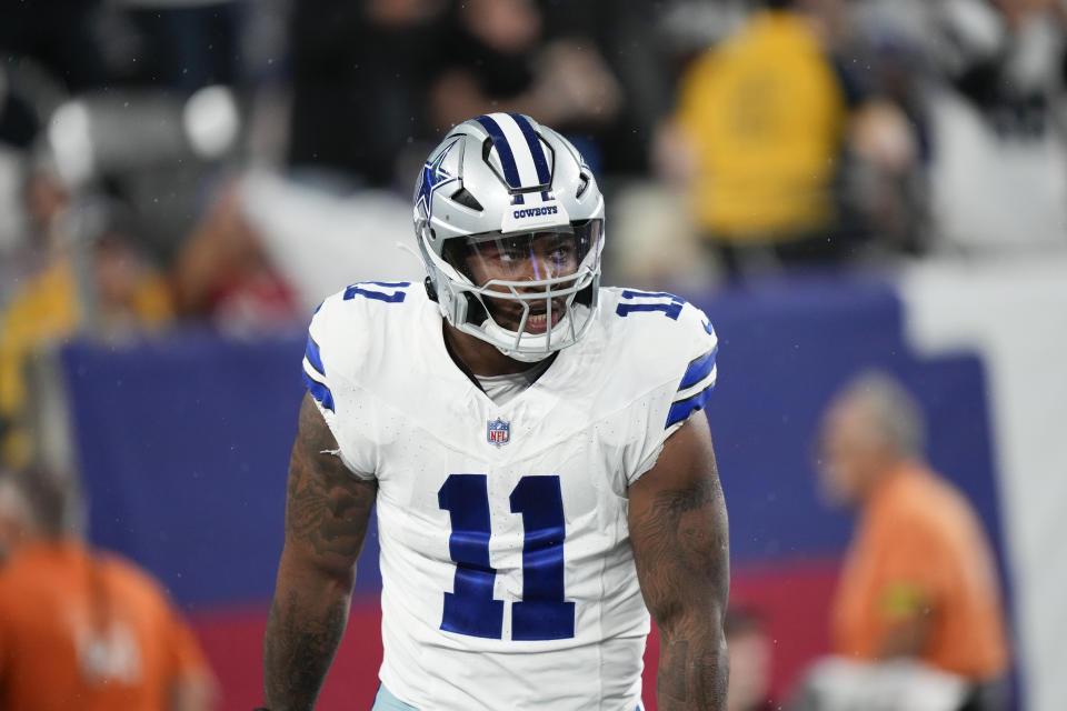 Dallas Cowboys' Micah Parsons reacts after sacking New York Giants quarterback Daniel Jones during the first half of an NFL football game, Sunday, Sept. 10, 2023, in East Rutherford, N.J. (AP Photo/Bryan Woolston)