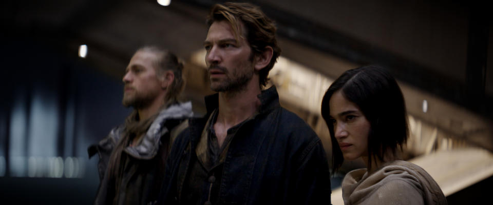 Charlie Hunnam as Kai, Michiel Huisman as Gunnar and Sofia Boutella as Kora in Rebel Moon. (Netflix)