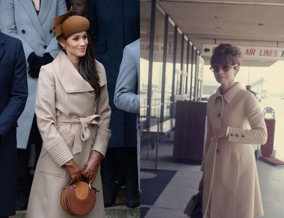 <p>Meghan wore this beige, wool wrap-coat while attending Christmas Day services at the Church of St. Mary Magdalene in December 2017. The look takes a style cue from Audrey's wool peacoat of the same palette, which she wore arriving to JFK in 1968.</p>