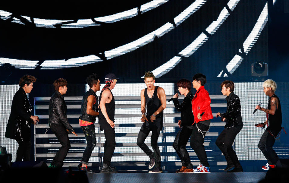 South Korean boy group Super Junior performs during the 27th Golden Disk Awards in Sepang, Malaysia, Tuesday, Jan. 15, 2013. (AP Photo/Lai Seng Sin)