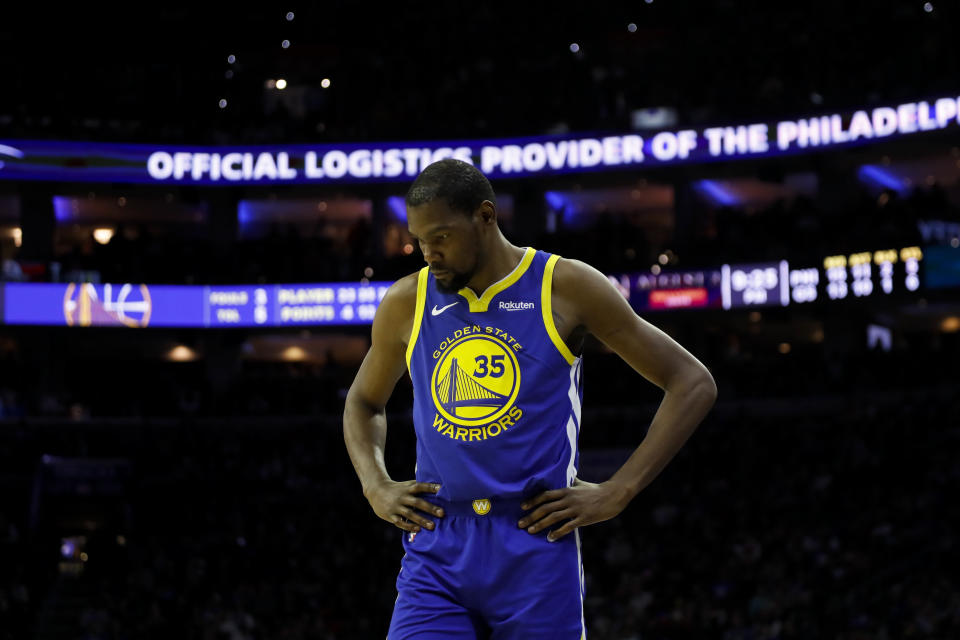 Golden State Warriors' Kevin Durant in action during an NBA basketball game against the Philadelphia 76ers, Saturday, March 2, 2019, in Philadelphia. (AP Photo/Matt Slocum)