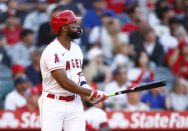 ANAHEIM, CALIFORNIA - JUNE 08: Jo Adell #7 of the Los Angeles Angels hits a home run against the Chicago Cubs in the second inning at Angel Stadium of Anaheim on June 08, 2023 in Anaheim, California. (Photo by Ronald Martinez/Getty Images)