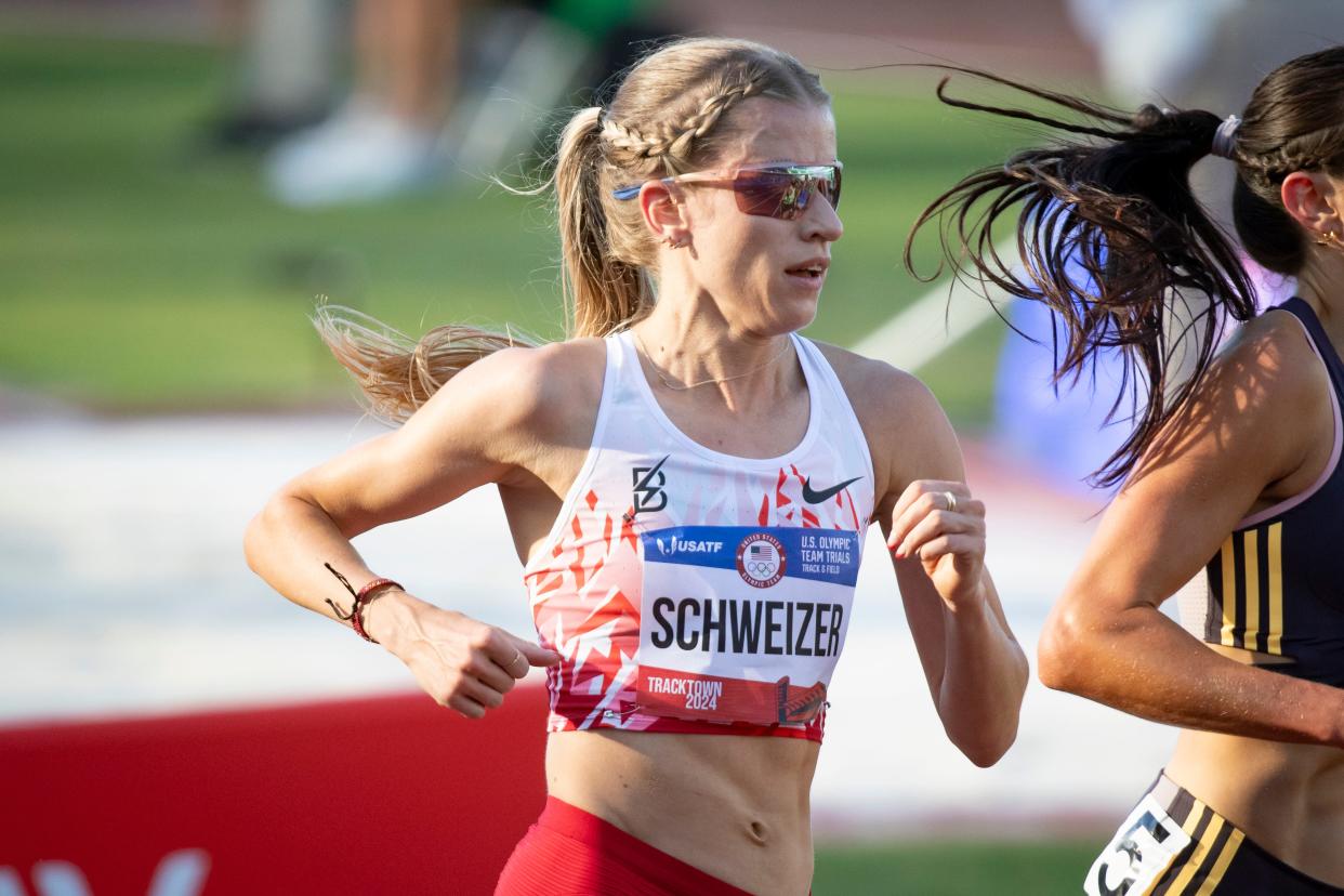 Karissa Schweizer competes in the first round of the women's 5,000 meters on the first day of the U.S. Olympic Track and Field Trials on June 21 at Hayward Field in Eugene.