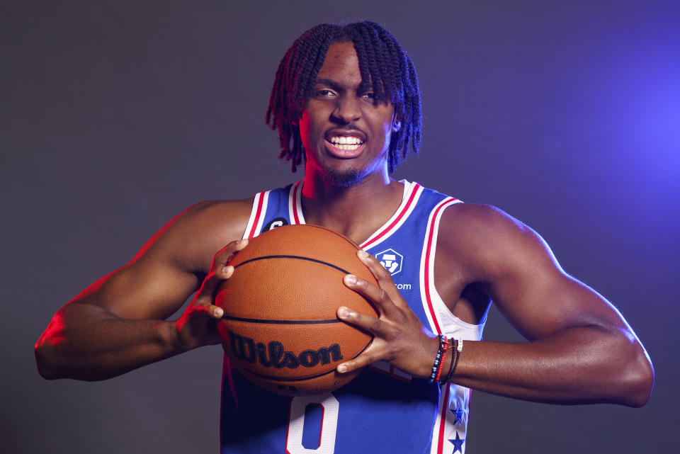 Philadelphia 76ers' Tyrese Maxey poses for a photograph during media day at the NBA basketball team's practice facility, Monday, Sept. 26, 2022 in Camden, N.J. (AP Photo/Chris Szagola)