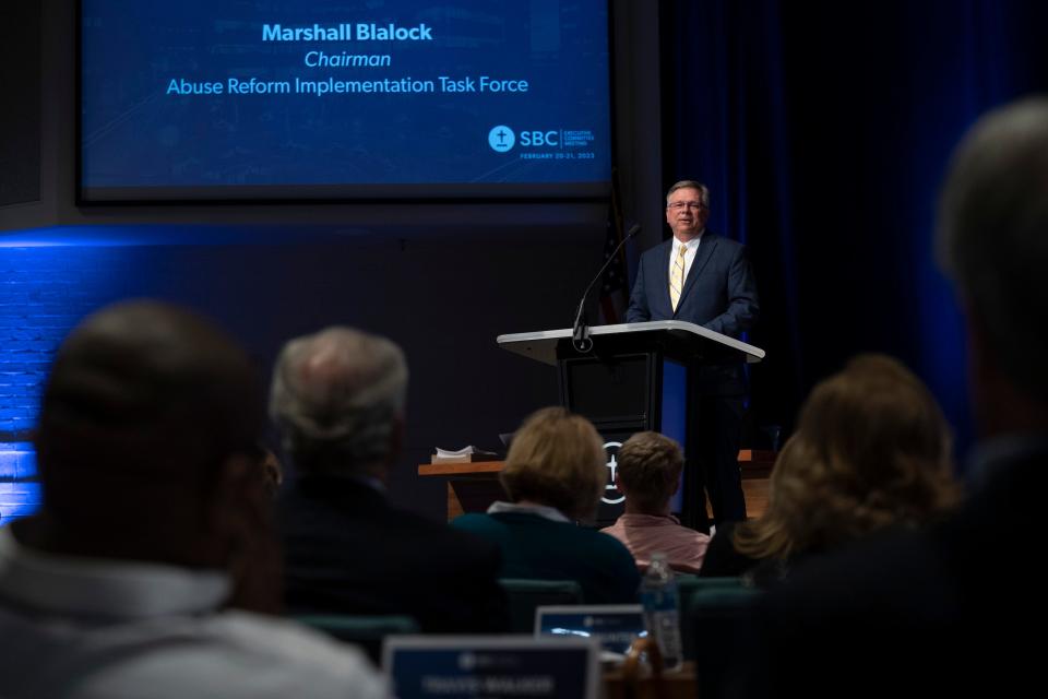 Marshall Blalock, chairman of the Abuse Reform Implementation Task Force, delivers his committee report during the Southern Baptist Convention Executive Committee meeting Monday, Feb. 20, 2023 in Nashville, Tenn.