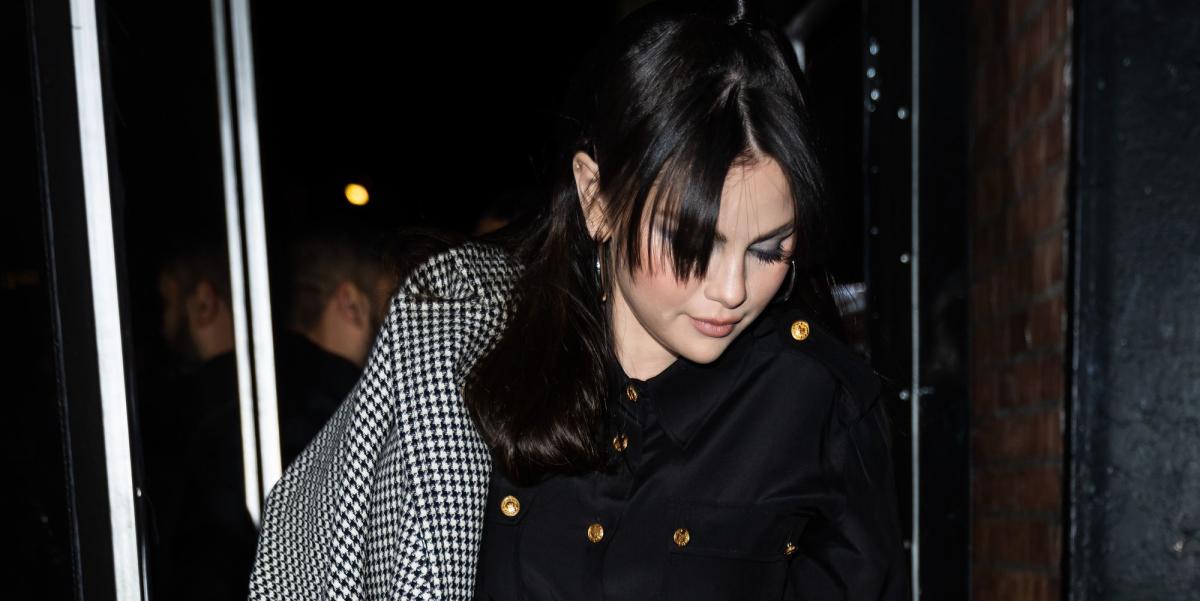 Selena Gomez Layered a Sleek Houndstooth Trench Coat Over a Louis Vuitton  Skirt