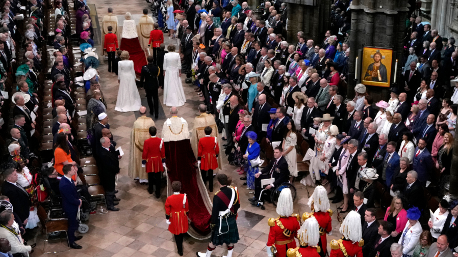 <em><sub>Britain’s King Charles III, center, and Camilla, the Queen Consort, top center, arrive during the coronation ceremony of Britain’s King Charles III at Westminster Abbey in London Saturday, May 6, 2023. (AP Photo/Kirsty Wigglesworth, Pool)</sub></em>