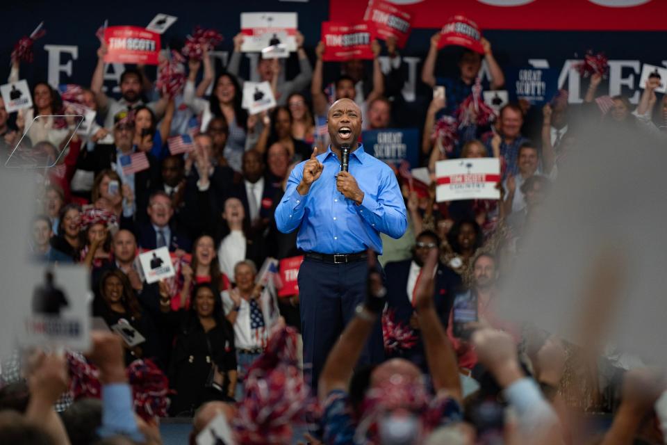 May 22, 2023: U.S. Senator Tim Scott (R-SC) announces his run for the 2024 Republican presidential nomination at a campaign event in North Charleston, South Carolina. Scott, the ranking member of the Senate Banking, Housing, and Urban Affairs Committee, joins 5 other Republicans currently running in the 2024 Presidential race.