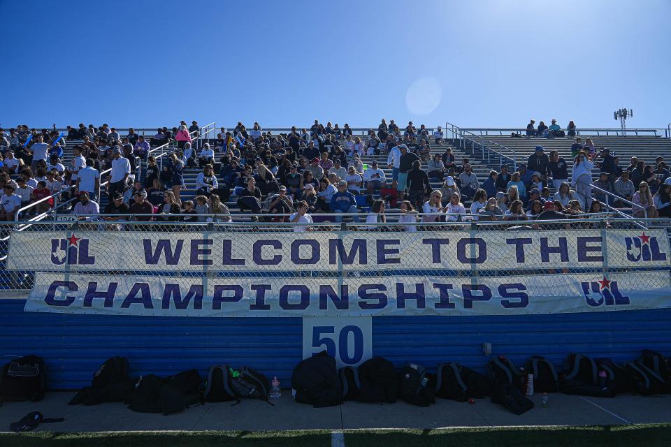 Hendrickson fans fill the stands for the Class 5A girls semifinal game with Colleyville Heritage at the UIL state soccer tournament at Birkelbach Field in Georgetown on Thursday. A record six Austin-area boys and girls teams made it to state.