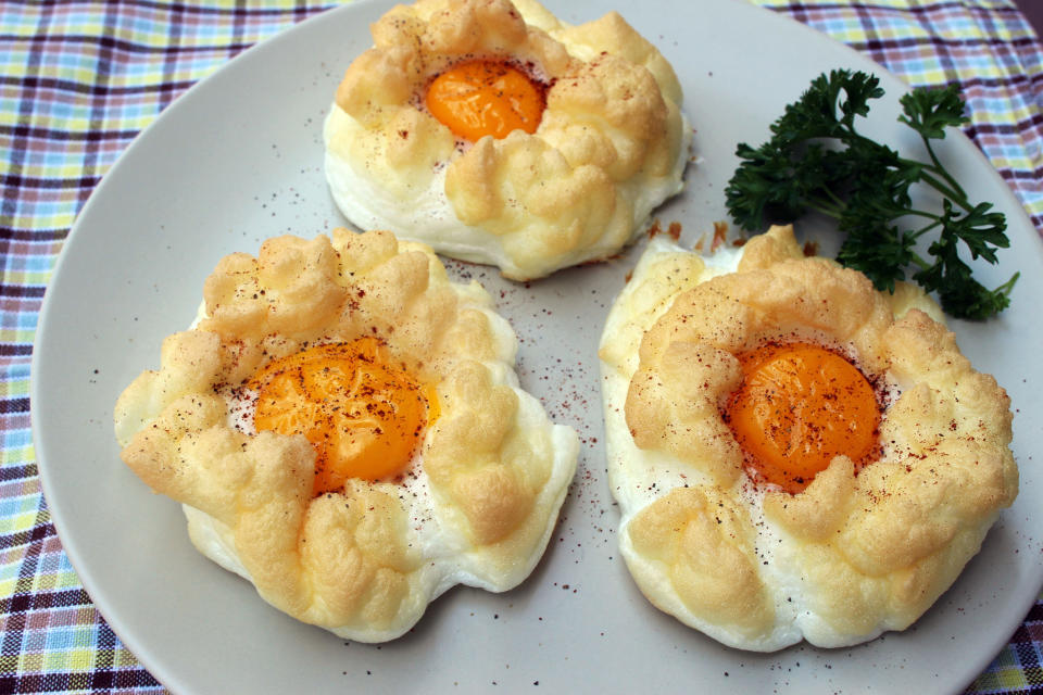 Cloud eggs on a plate.