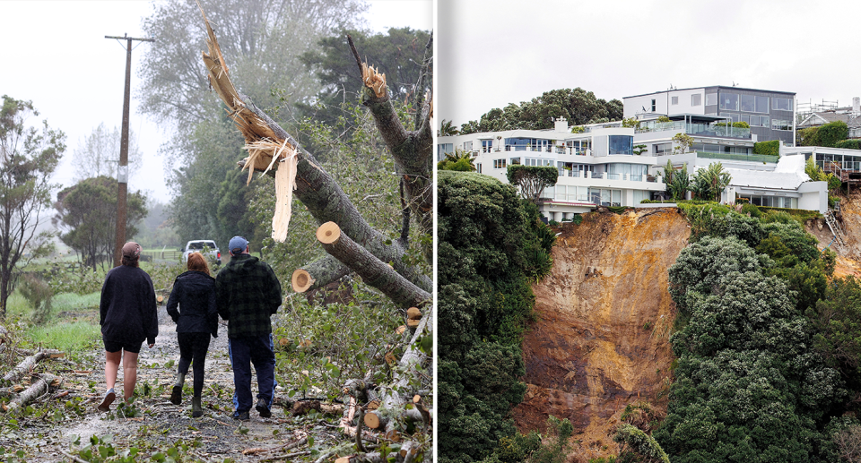 Left - three people walking down a path that's been impacted by the storms. Cut tree limbs can be seen to the right. Right - clifftop houses in New Zealand.