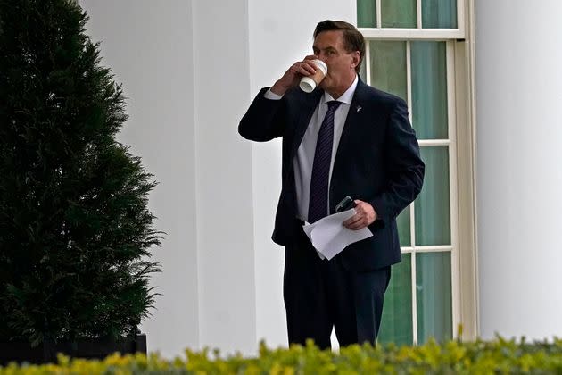 Michael Lindell, CEO of My Pillow Inc., waits to go into the West Wing of the White House on Jan. 15. Papers he brought for Donald Trump that day appeared to raise the prospect of declaring 