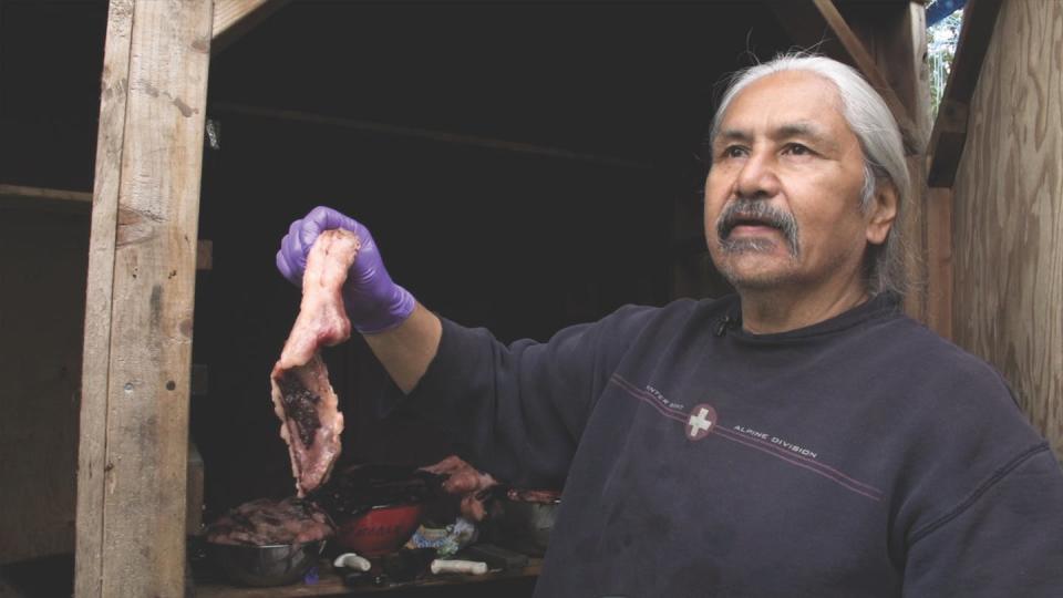 Yakutat 'seal chef' Ronnie Converse holds a piece of seal meat and blubber that will be thinly sliced, salted and smoked to make bacon in May 2014. © Smithsonian Institution