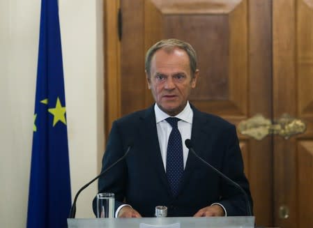 European Council, President Donald Tusk attends a news conference at the Presidential Palace in Nicosia