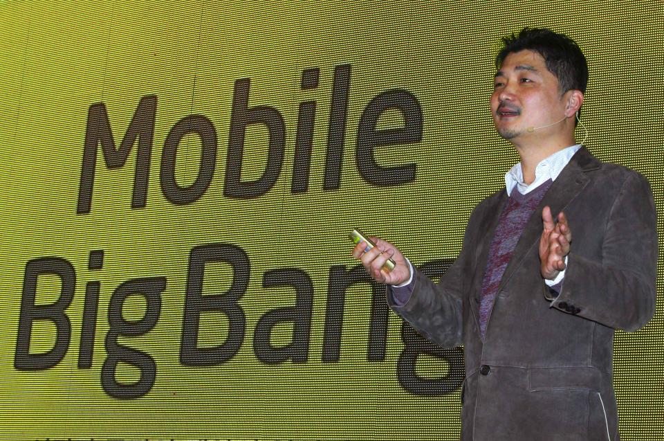 Kakao Talk founder and Chairman Brian Kim speaks during a press conference in Seoul, South Korea, Tuesday, Nov. 20, 2012. Kakao Talk, a popular mobile messenger in South Korea, will launch an online music and electronic book shop next year as it continues to grow beyond its original mission to provide a simple online messaging service. (AP Photo/Ahn Young-joon)