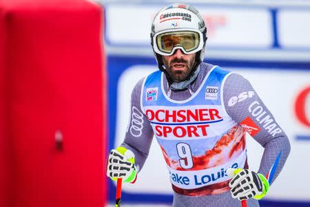 Nov 24, 2017; Lake Louise, Alberta, CAN; Adrien Theaux of France in the finish area after his run during men's downhill training for the FIS alpine skiing World Cup at Lake Louise Ski Resort. Sergei Belski-USA TODAY Sports