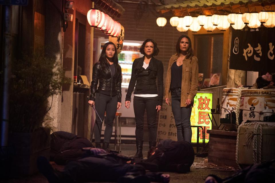 From left: Elle (Anna Sawai), Letty (Michelle Rodriguez) and Mia (Jordana Brewster) in "F9"