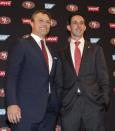 San Francisco 49ers head coach Kyle Shanahan, right, and general manager John Lynch pose for photos during an NFL football press conference Thursday, Feb. 9, 2017, in Santa Clara, Calif. (AP Photo/Marcio Jose Sanchez)