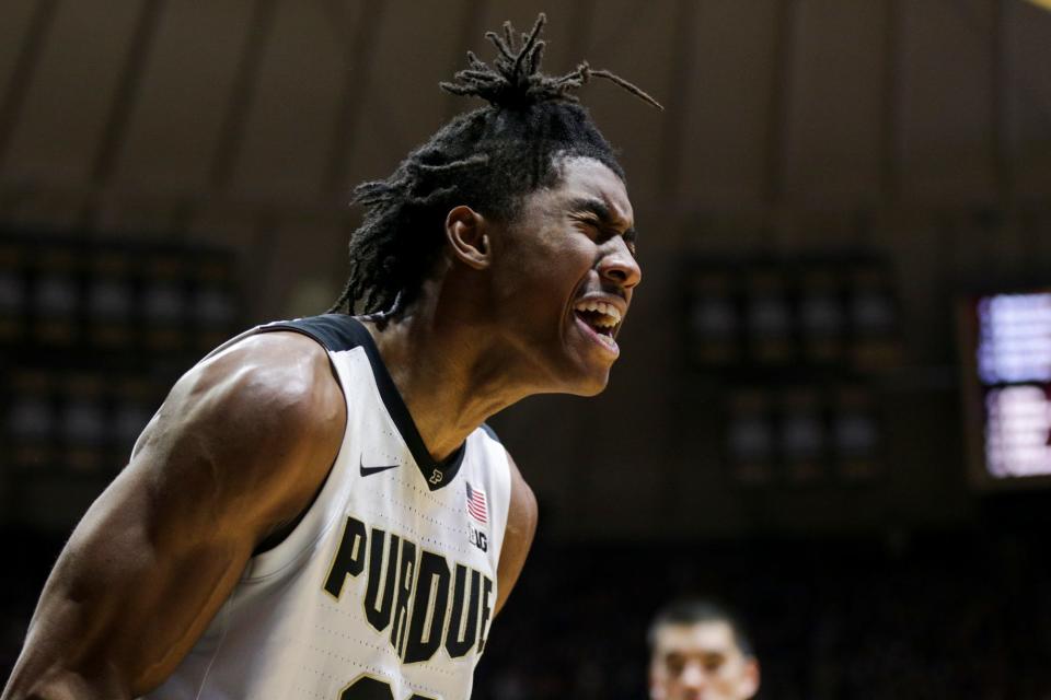 Purdue guard Jaden Ivey (23) reacts after a dunk during the second half of an NCAA men's basketball game, Friday, Dec. 3, 2021 at Mackey Arena in West Lafayette.