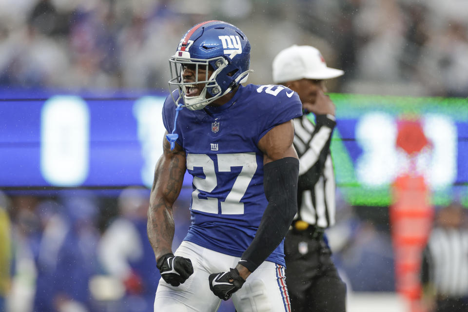 New York Giants safety Jason Pinnock (27) reacts during the first half of an NFL football game against the New York Jets, Sunday, Oct. 29, 2023, in East Rutherford, N.J. (AP Photo/Adam Hunger)