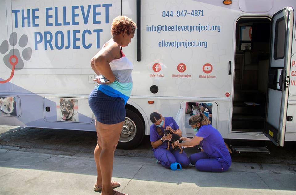 Latanya Jackson, left, watches as certified veterinary technician Darian Mosely, left, and veterinarian Gabrielle Rosa examine her 8-month-old chihuahua named Pops at the Gospel Center Rescue Mission in south Stockton. Mosley is a part of a veterinary team with the nonprofit ElleVet Project.org which is on a tour providing free care to pets in homeless communities throughout California.