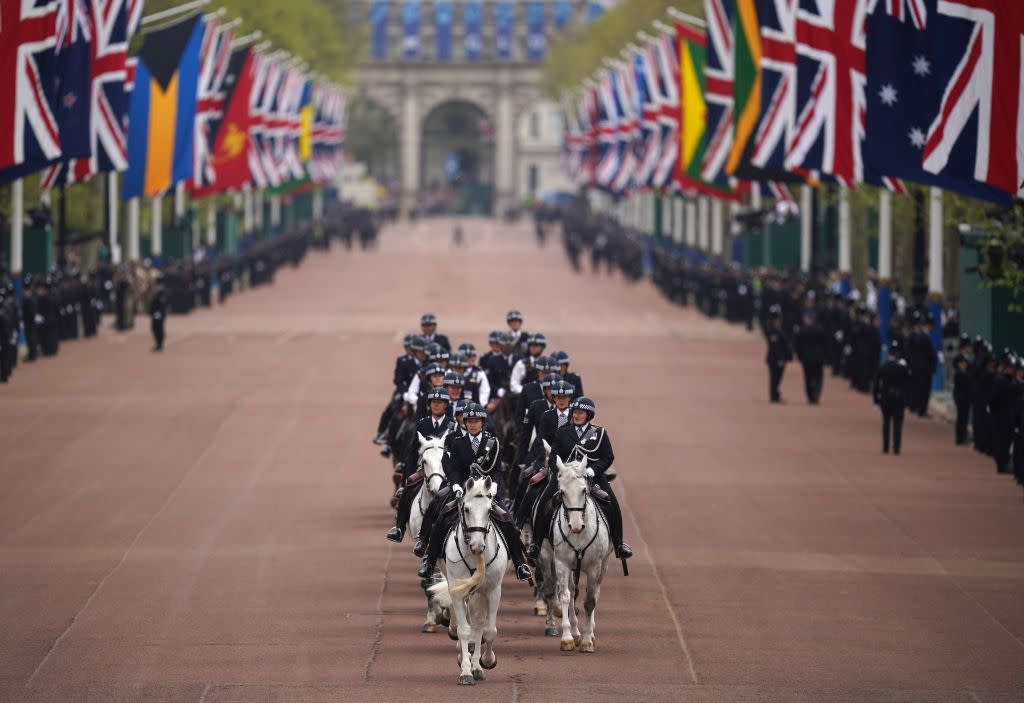 mounted officers of the metropolitan police force make their way along the mall ahead of the coronation ceremony of king charles iii and queen camilla in central london picture date saturday may 6, 2023 photo by niall carsonpa images via getty images