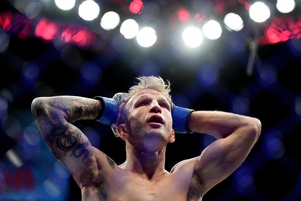 NEW YORK, NEW YORK - JANUARY 19: TJ Dillashaw reacts to the judge's decision that ended his UFC Flyweight title match against Henry Cejudo at UFC Fight Night at Barclays Center on January 19, 2019 in New York City. (Photo by Sarah Stier/Getty Images)