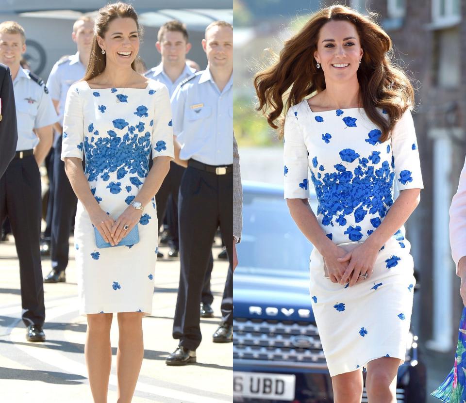 <p>Kate wore this L.K. Bennet white and blue floral shift dress to arrive at the Brisbane Airforce Base in April 2014. She wore the feminine number again to visit Luton in August 2016. </p>