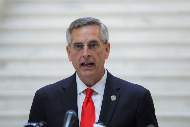 FILE PHOTO: Georgia Secretary of State Brad Raffensperger gives an update on the state of the election and ballot count during a news conference at the State Capitol in Atlanta, Georgia