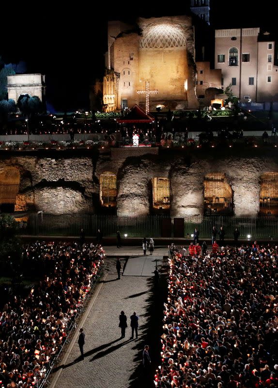 FILE PHOTO: Pope Francis leads the Via Crucis procession at Rome's Colosseum