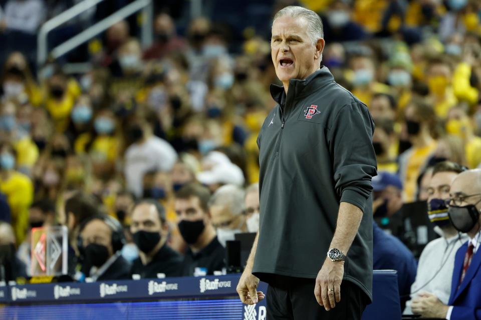 San Diego State Aztecs head coach Brian Dutcher, a former Michigan assistant, reacts during the first half against the Michigan Wolverines on Dec. 4, 2021 at Crisler Center in Ann Arbor.