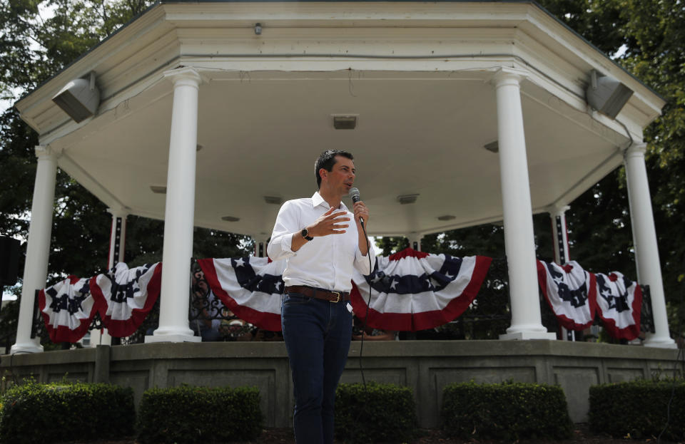 FILE - In this Aug. 15, 2019, file photo, Democratic presidential candidate South Bend Mayor Pete Buttigieg speaks at a campaign event in Fairfield, Iowa. Buttigieg is making a faith-based appeal to Democratic voters as he tries to demonstrate his party’s religiosity. (AP Photo/John Locher)