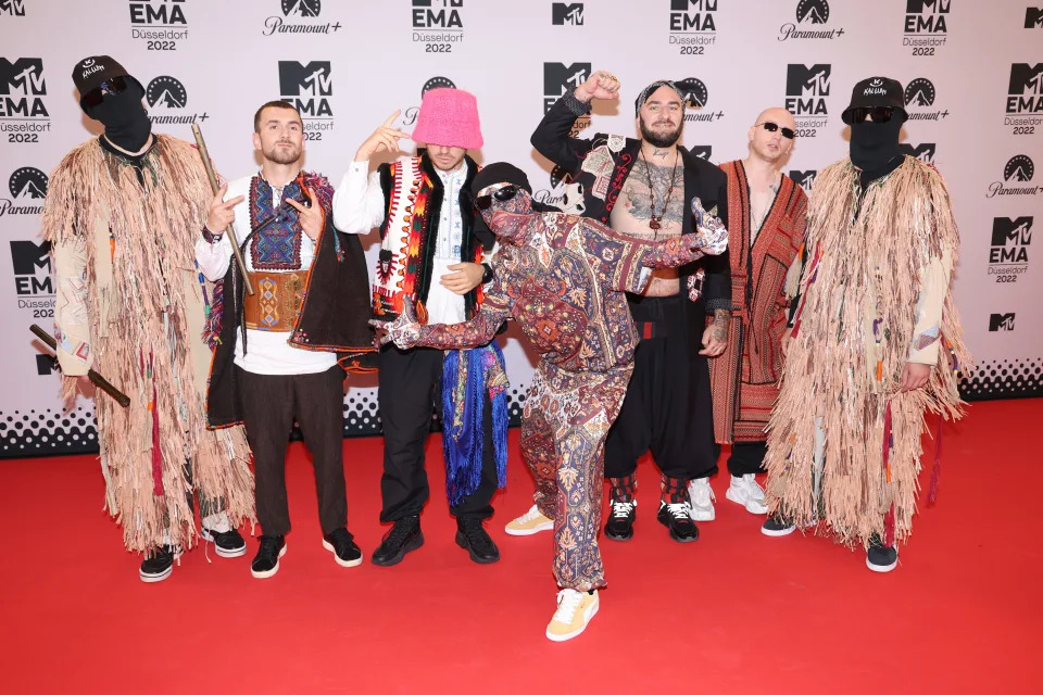 Thor Didenchuk, Tymofii Muzychuk, Sasha Tab, Oleh Psiuk, MC Kylymmenand and Johnny Da Strange of Kalush Orchestra attends the red carpet during the MTV Europe Music Awards 2022.