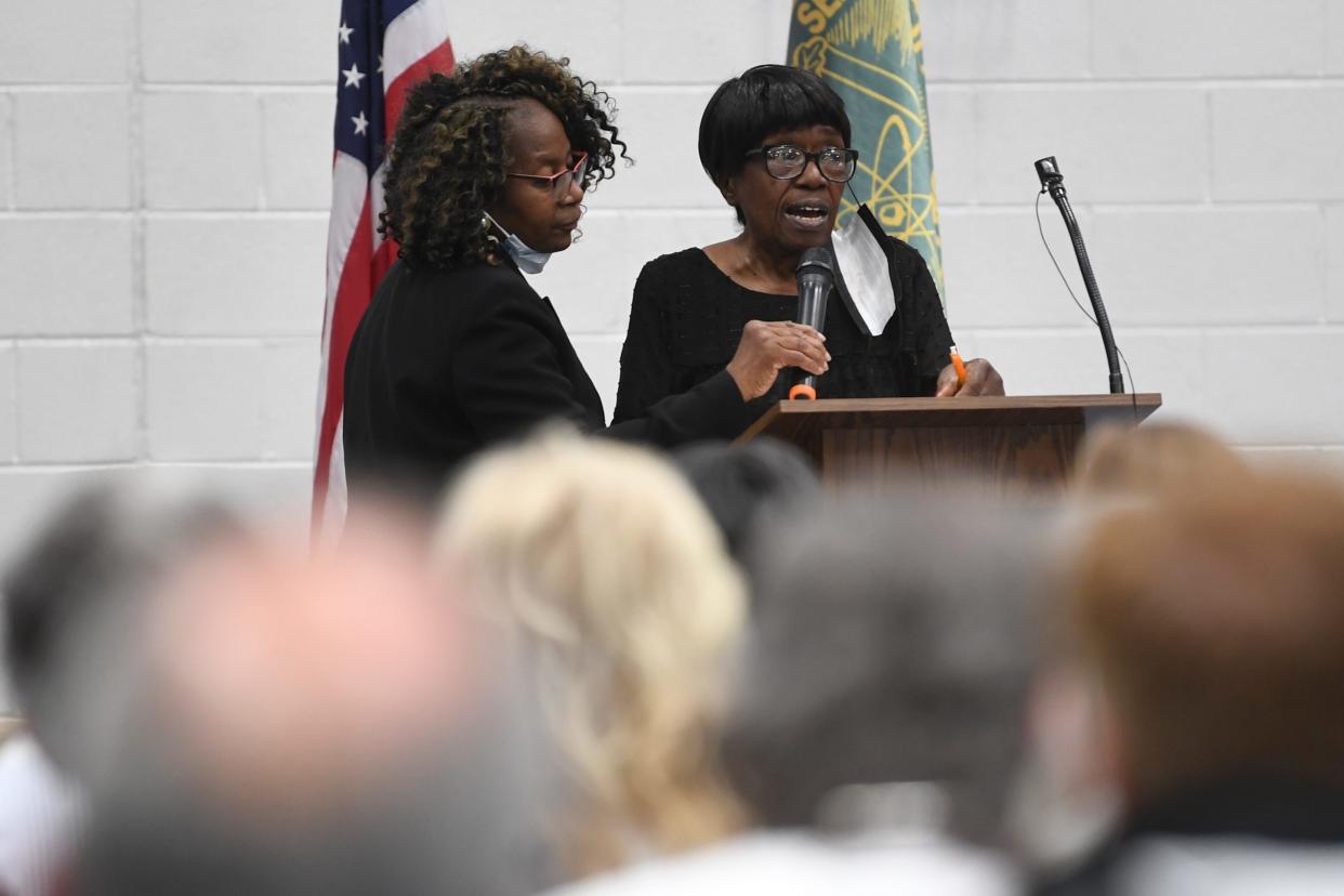 Dorothy Kirk Lewis, one of the Scarboro 85 students, speaks during a celebration of the Clinton 12 and Oak Ridge 85 at the Scarboro Community Center in Oak Ridge, Tuesday, Aug. 31, 2021.