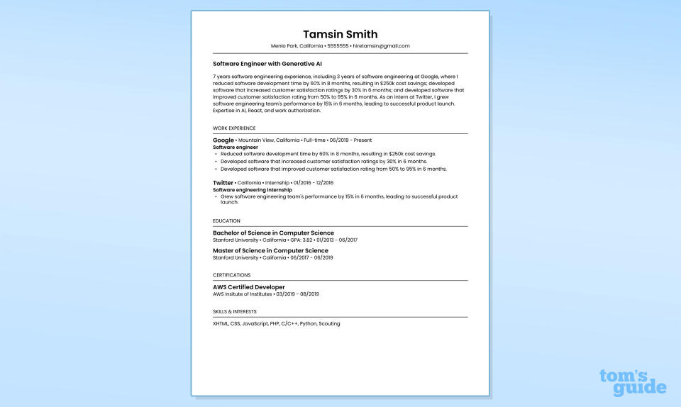 Resume created by Teal