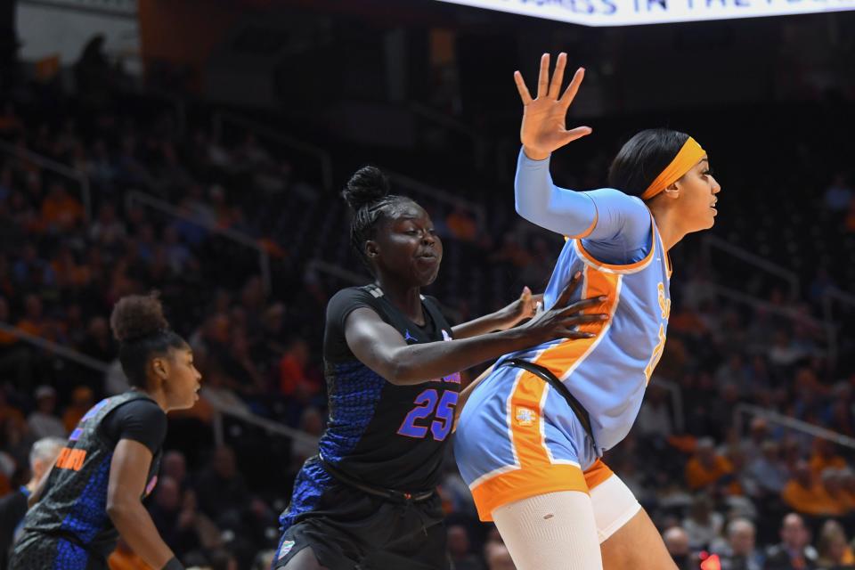 Tennessee center Tamari Key (20) blocks Florida forward Faith Dut (25) during an NCAA basketball game at Thompson-Boling Arena at Food City Center, Thursday, Jan. 11, 2024.