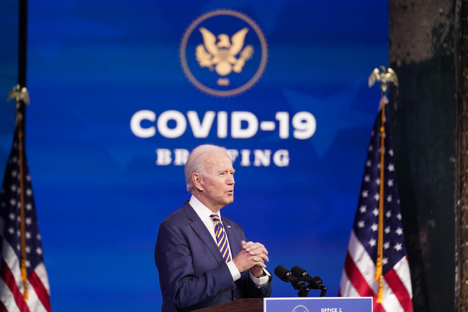 President-elect Joe Biden speaks at The Queen theater, Tuesday, Dec. 29, 2020, in Wilmington, Del. (AP Photo/Andrew Harnik)